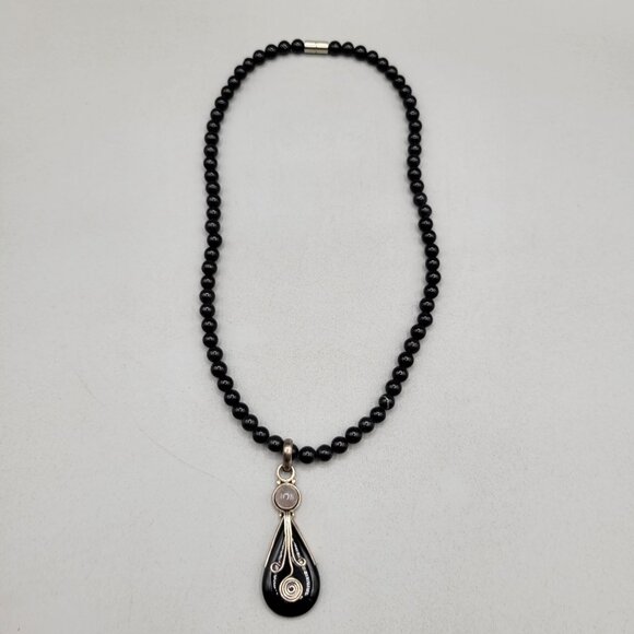 Black Glass Bead Necklace Teardrop Sterling Pendant Wire Wrap - Picture 3 of 8